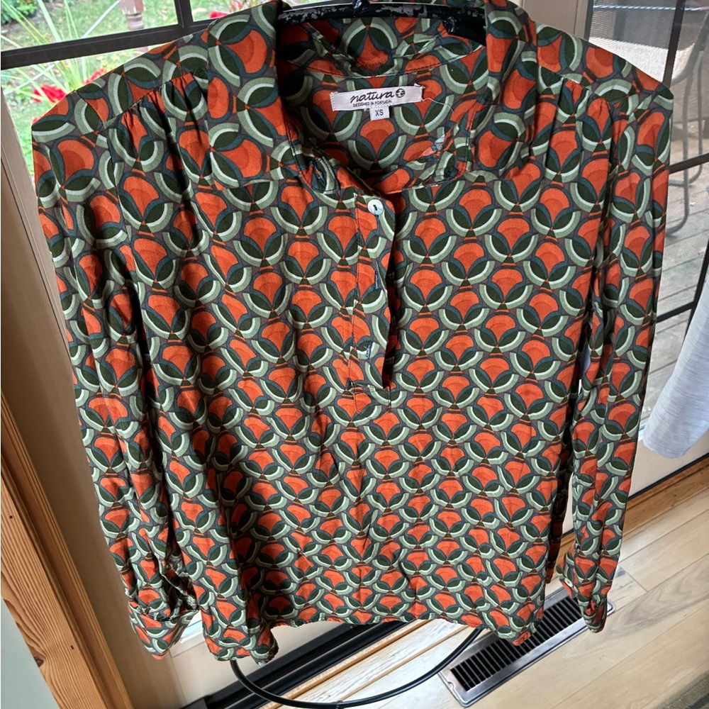 Natura‎ Portugal Womens XS Geometric Retro Print Long Sleeve Button Front Blouse